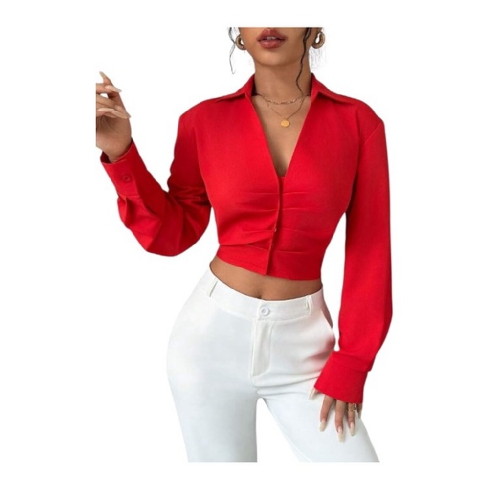 SHEIN Red Cropped Button-Front Blouse - Women Tops Size Large